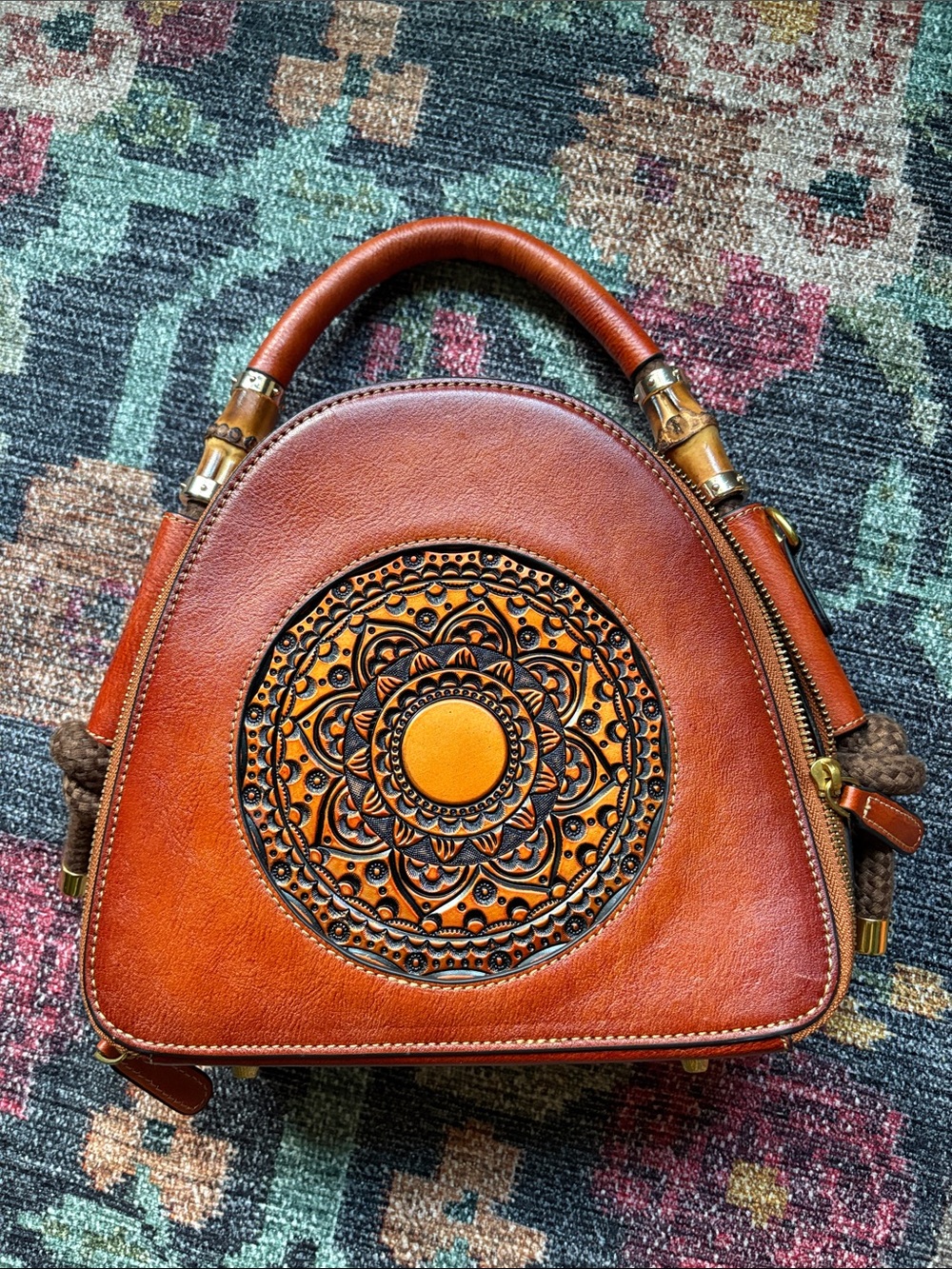 Zhuoliang genuine leather satchel featuring a detailed mandala